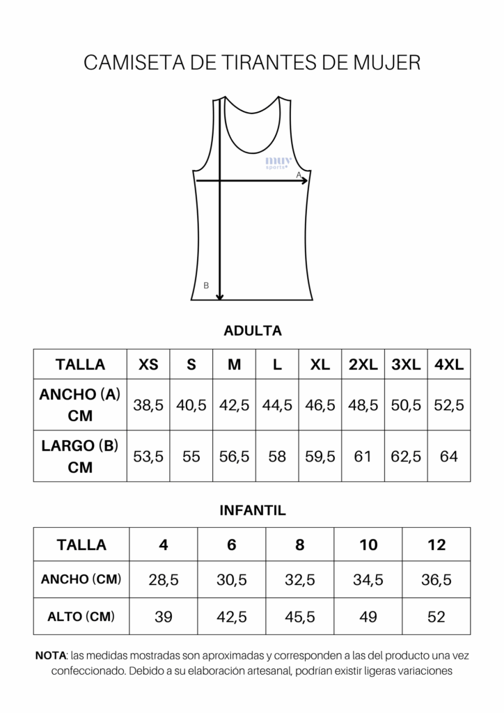 Tabla de medidas para camisetas de tirantes de mujer, incluyendo tallas para adultos e infantes con medidas en centímetros.