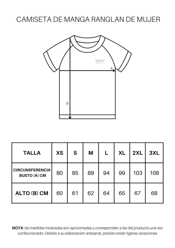 Diagrama de una camiseta de manga ranglan de mujer con medidas en centímetros y tabla de tallas.