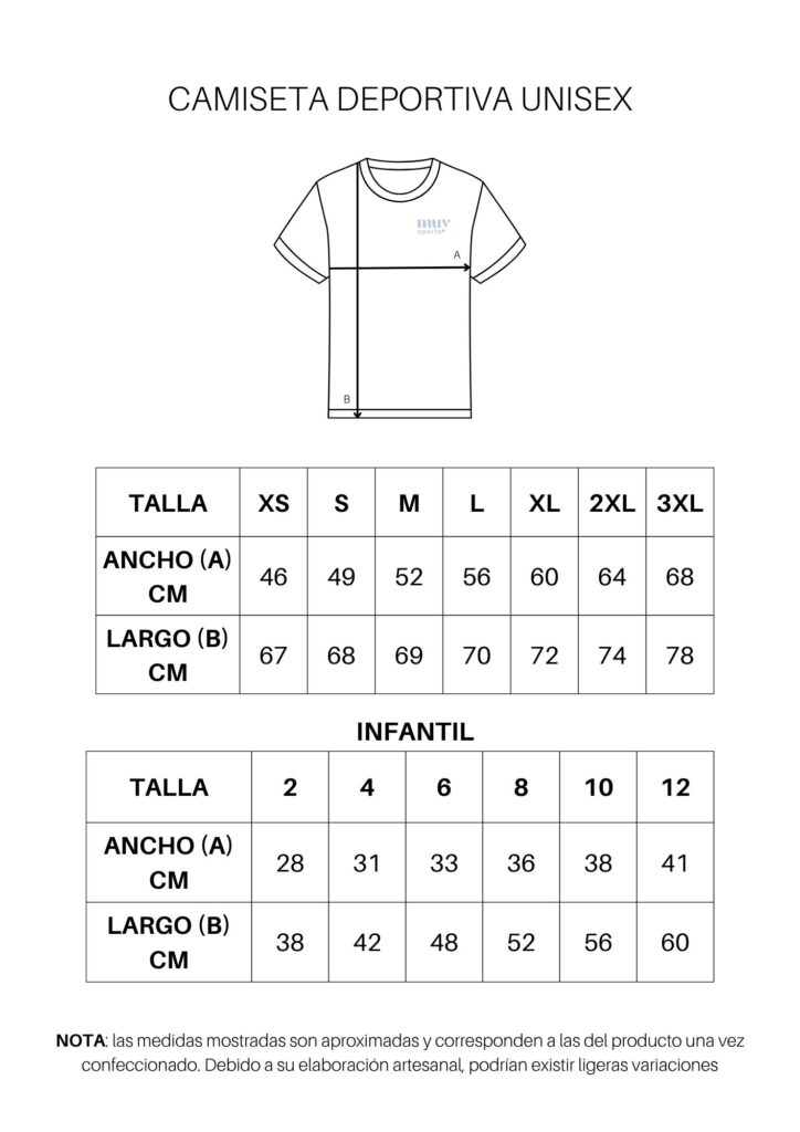 Diseño técnico de una camiseta deportiva unisex con medidas de tamaño para adultos e infantiles.