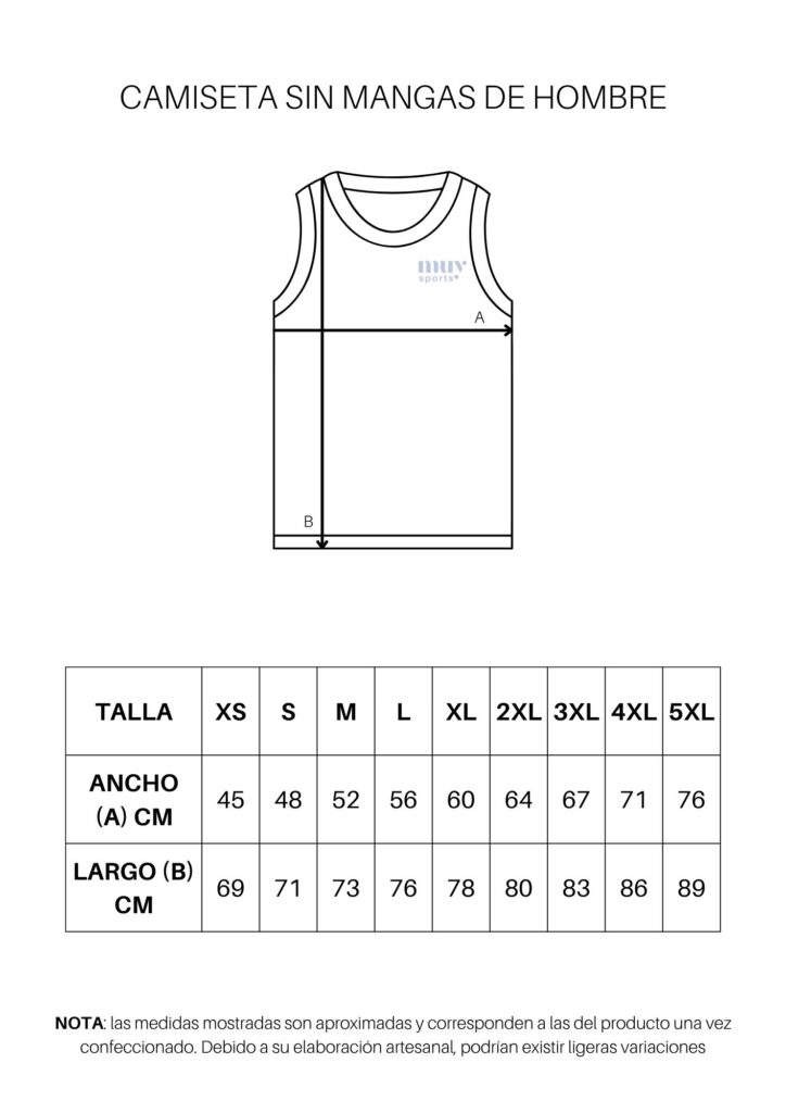 Diagrama de una camiseta sin mangas para hombres con medidas y tabla de tallas en centímetros.