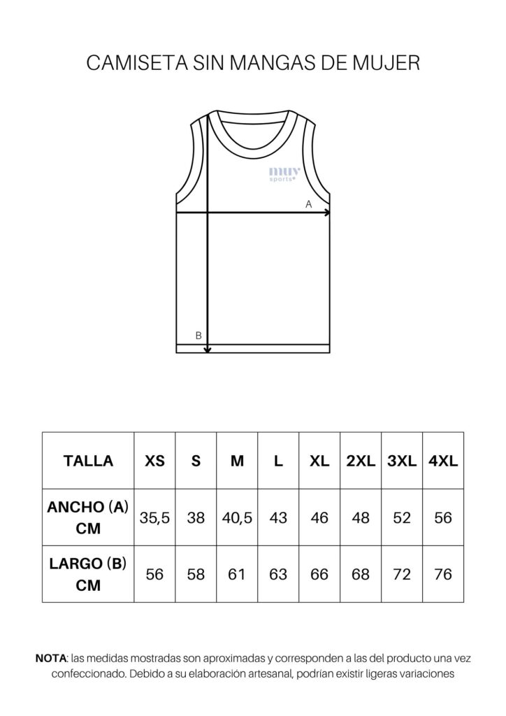 Diagrama de una camiseta sin mangas de mujer con medidas de ancho y largo en centímetros para diferentes tallas.
