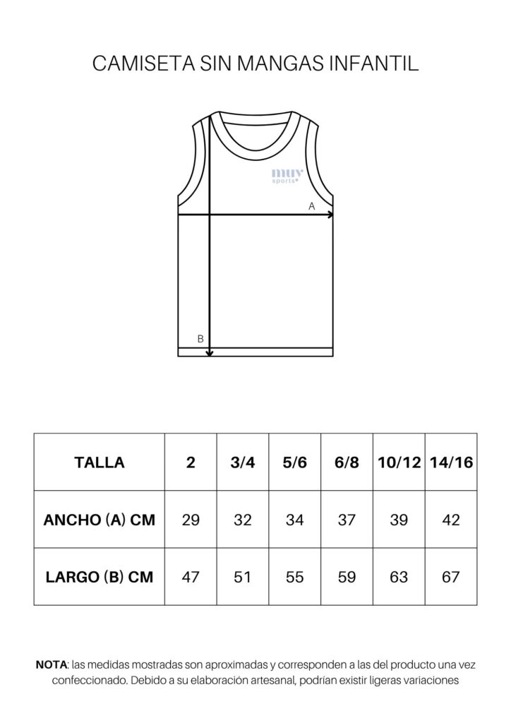Diagram of an infant tank top with size and measurement chart in Spanish, labeled with width and length in centimeters.