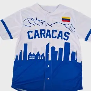 Camiseta de béisbol personalizable con diseño de Caracas en azul y blanco