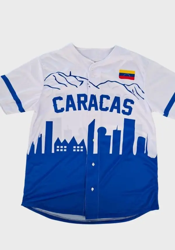 Camiseta de béisbol personalizable con diseño de Caracas en azul y blanco