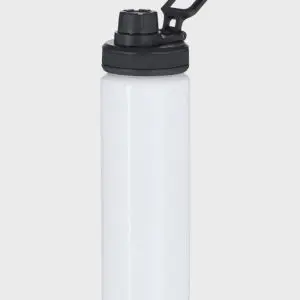Botella de aluminio blanca personalizable con tapón negro de rosca y asa, ideal para personalizar con diseños exclusivos de Muy Chulis