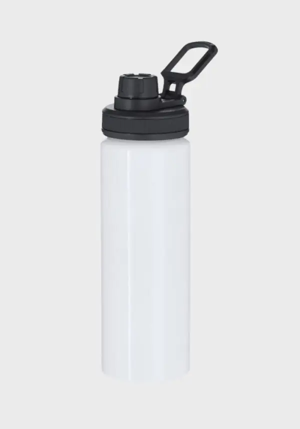 Botella de aluminio blanca personalizable con tapón negro de rosca y asa, ideal para personalizar con diseños exclusivos de Muy Chulis