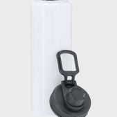 Botella personalizable de aluminio blanca con tapón negro desmontado y asa práctica.