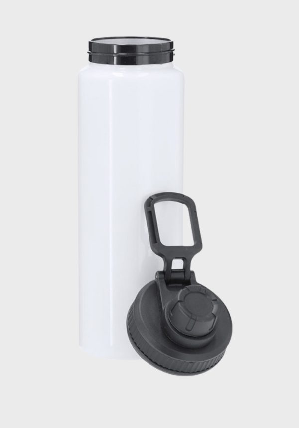 Botella personalizable de aluminio blanca con tapón negro desmontado y asa práctica.
