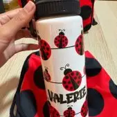 Botella de aluminio personalizada con diseño de mariquitas rojas y nombre Valerie.